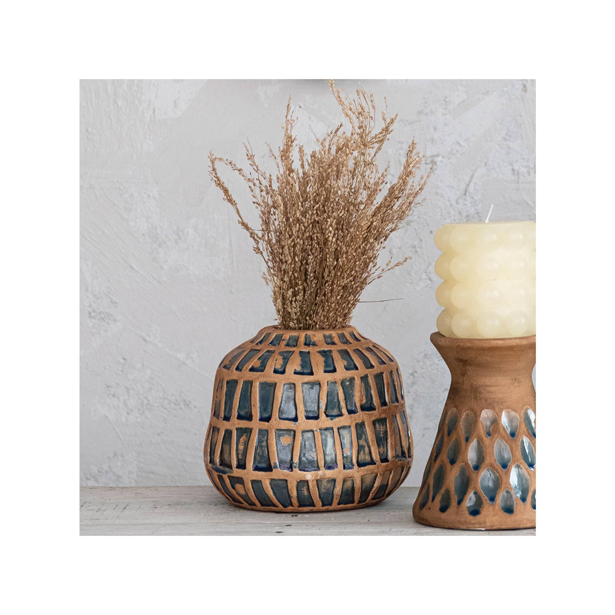 Hello Honey® 7.75" Natural & Blue Debossed Terra Cotta Vase